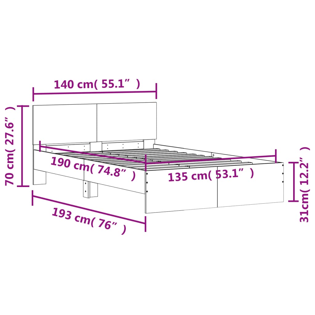 vidaXL Πλαίσιο Κρεβατιού με Κεφαλάρι Γκρι Sonoma 135x190 εκ.