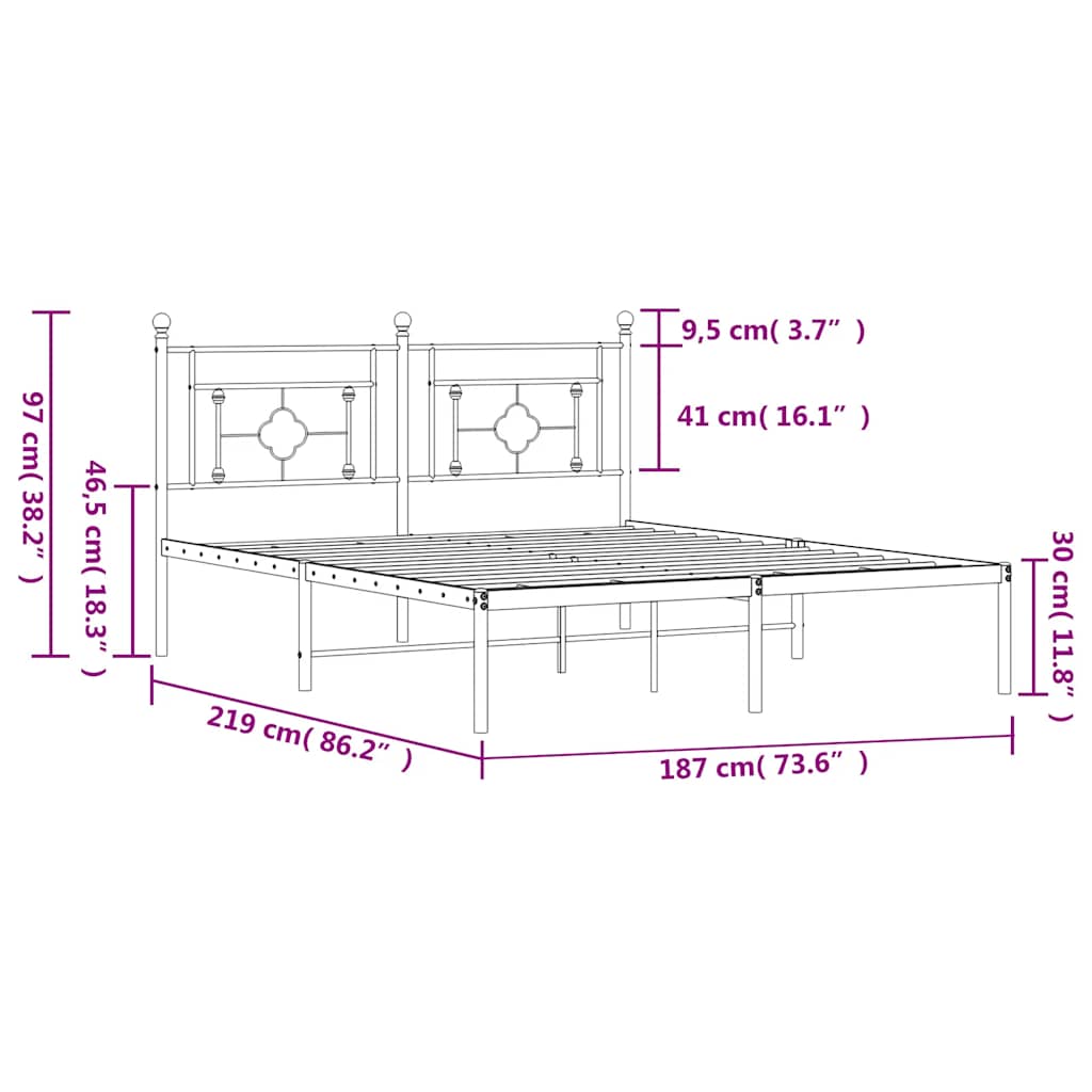 vidaXL Πλαίσιο Κρεβατιού με Κεφαλάρι Μαύρο 183 x 213 εκ. Μεταλλικό