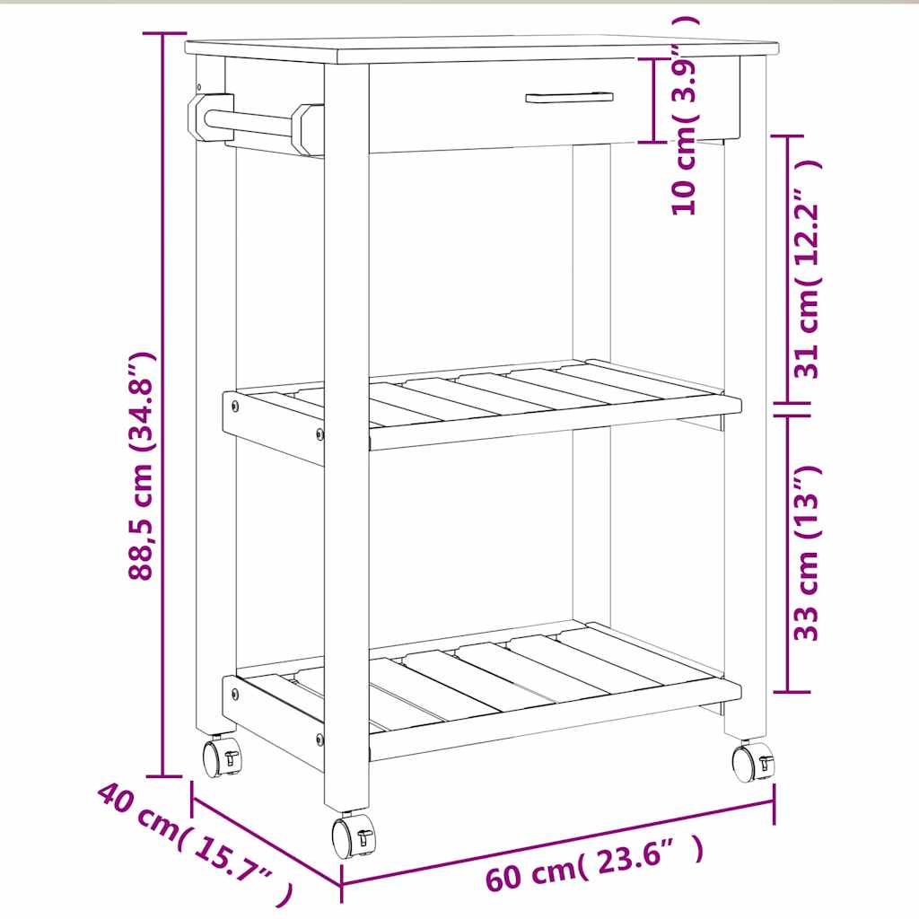 vidaXL Τρόλεϊ Κουζίνας MONZA 60x40x88,5 εκ. από Μασίφ Ξύλο Πεύκου