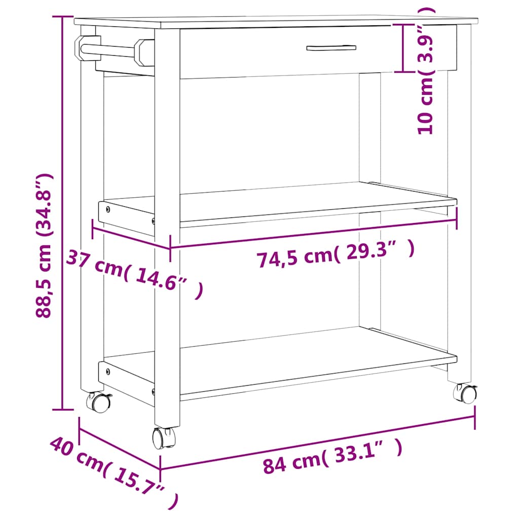 vidaXL Τρόλεϊ Κουζίνας MONZA 84 x 40 x 88,5 εκ. Λευκό από Μασίφ Ξύλο Πεύκου