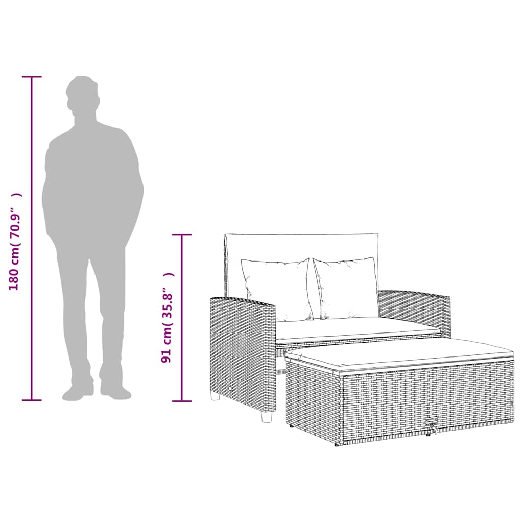 vidaXL Καναπές Κήπου Διθέσιος Γκρι Συνθετικό Ρατάν/Ακακία + Μαξιλάρια