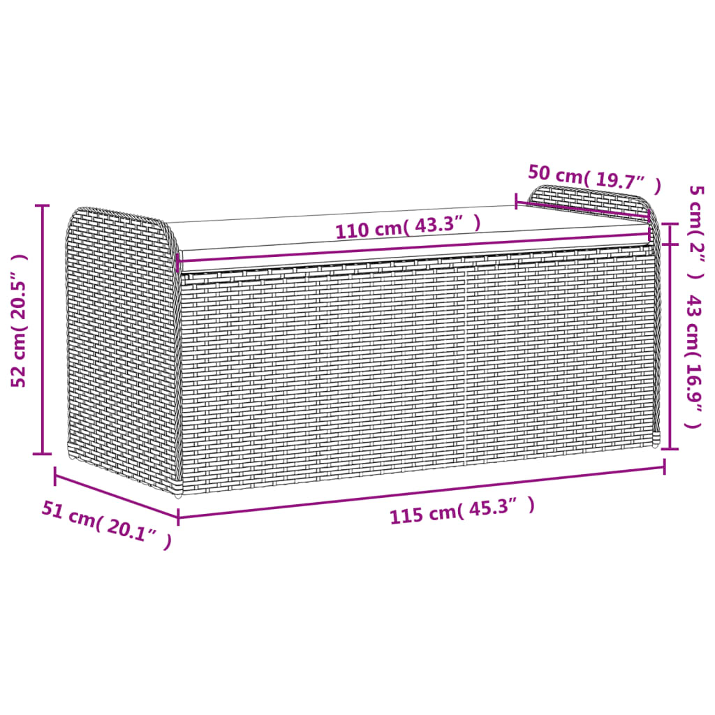 vidaXL Παγκάκι Αποθήκευσης Μαύρο 115x51x52εκ. Συνθετικό Ρατάν Μαξιλάρι