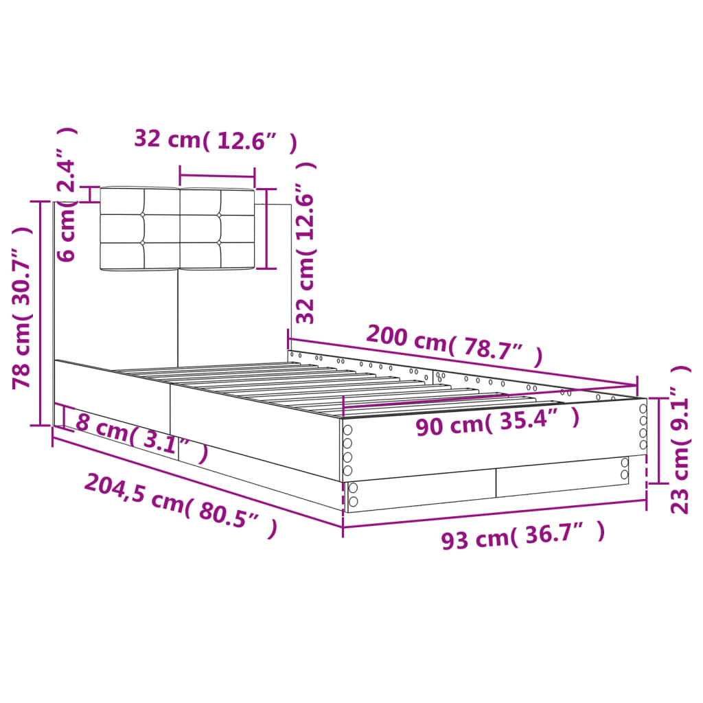 vidaXL Πλαίσιο Κρεβατιού με Κεφαλάρι Γκρι Sonoma 90x200 εκ. Επεξ. Ξύλο