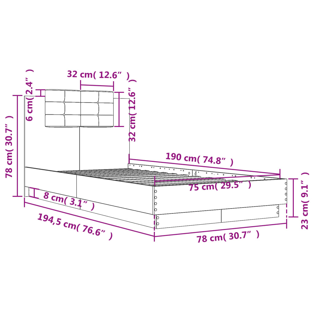 vidaXL Πλαίσιο Κρεβατιού με Κεφαλάρι Γκρι Sonoma 75x190 εκ. Επεξ. Ξύλο