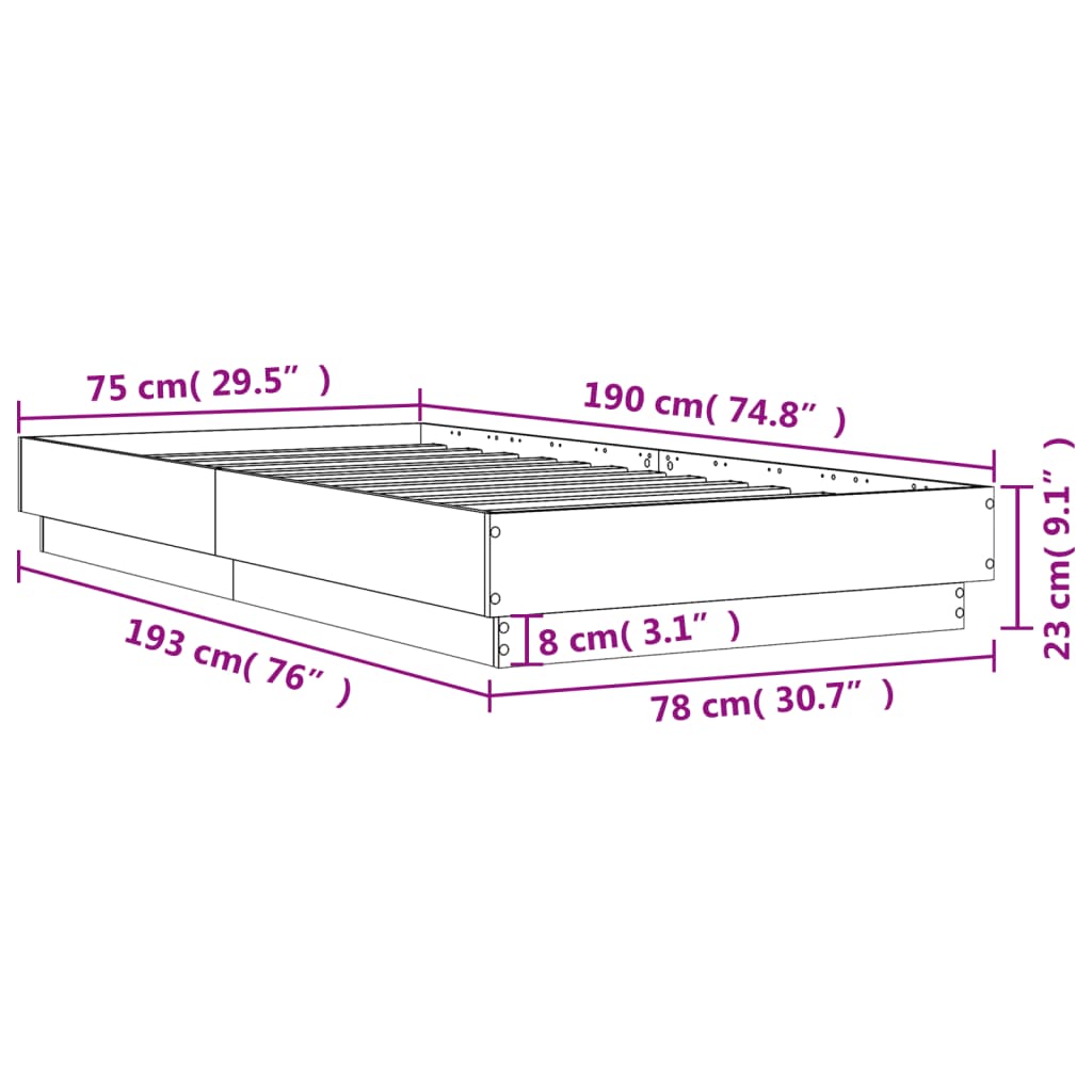vidaXL Πλαίσιο Κρεβατιού Μαύρο 75 x 190 εκ. από Επεξεργασμένο Ξύλο