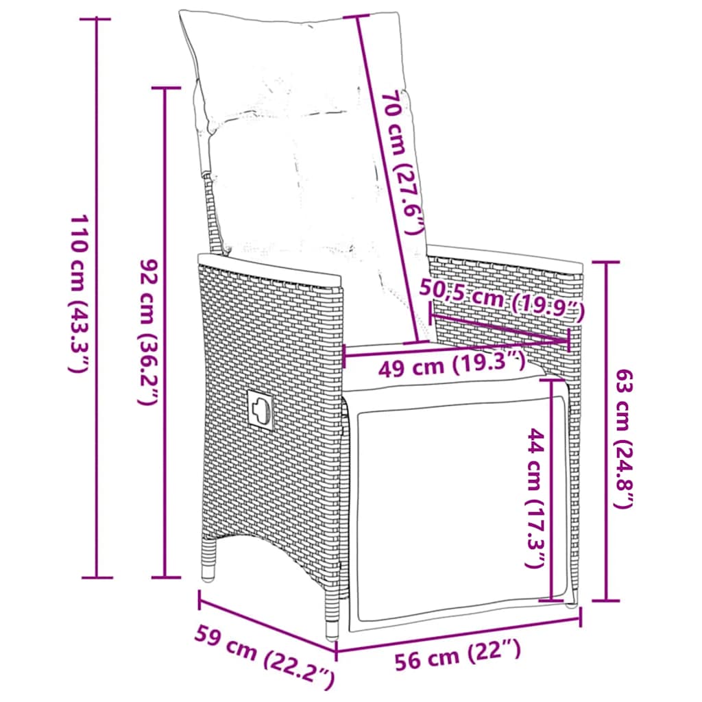 vidaXL Καρέκλες Κήπου Ανακλ/νες 2 τεμ. Γκρι Συνθ. Ρατάν + Μαξιλάρια