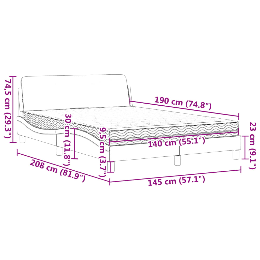 vidaXL Κρεβάτι με Στρώμα Dover Σκούρο Γκρι 140x190 εκ. Υφασμάτινο