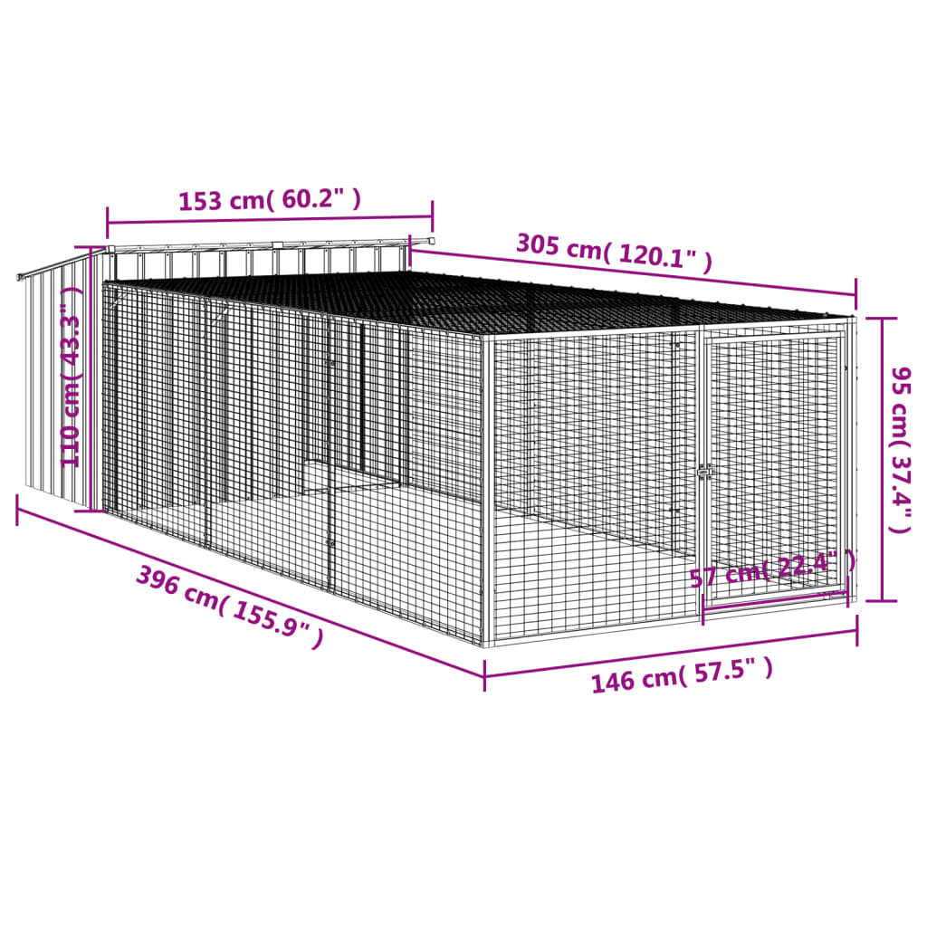 vidaXL Σπιτάκι Σκύλου με Διάδρομο Ανθρακί 153x396x110 εκ. από Γαλβανισμένο Ατσάλι