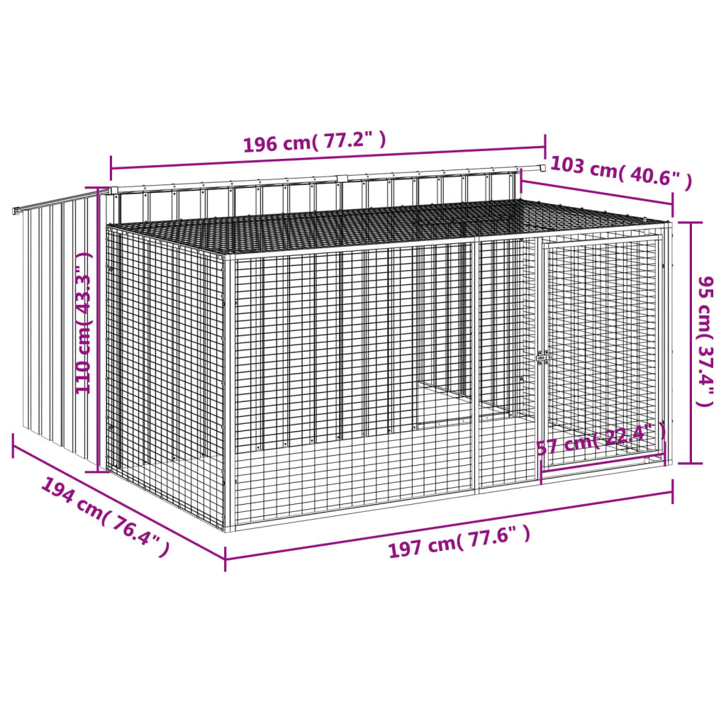 vidaXL Σπιτάκι Σκύλου με Διάδρομο Ανθρακί 197x194x110 εκ. από Γαλβανισμένο Ατσάλι