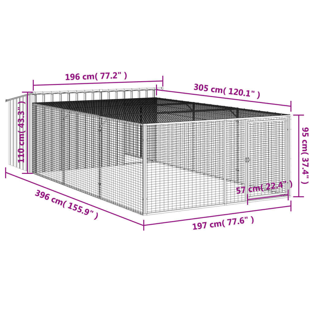 vidaXL Σπιτάκι Σκύλου με Διάδρομο Ανθρακί 197x396x110 εκ. από Γαλβανισμένο Ατσάλι