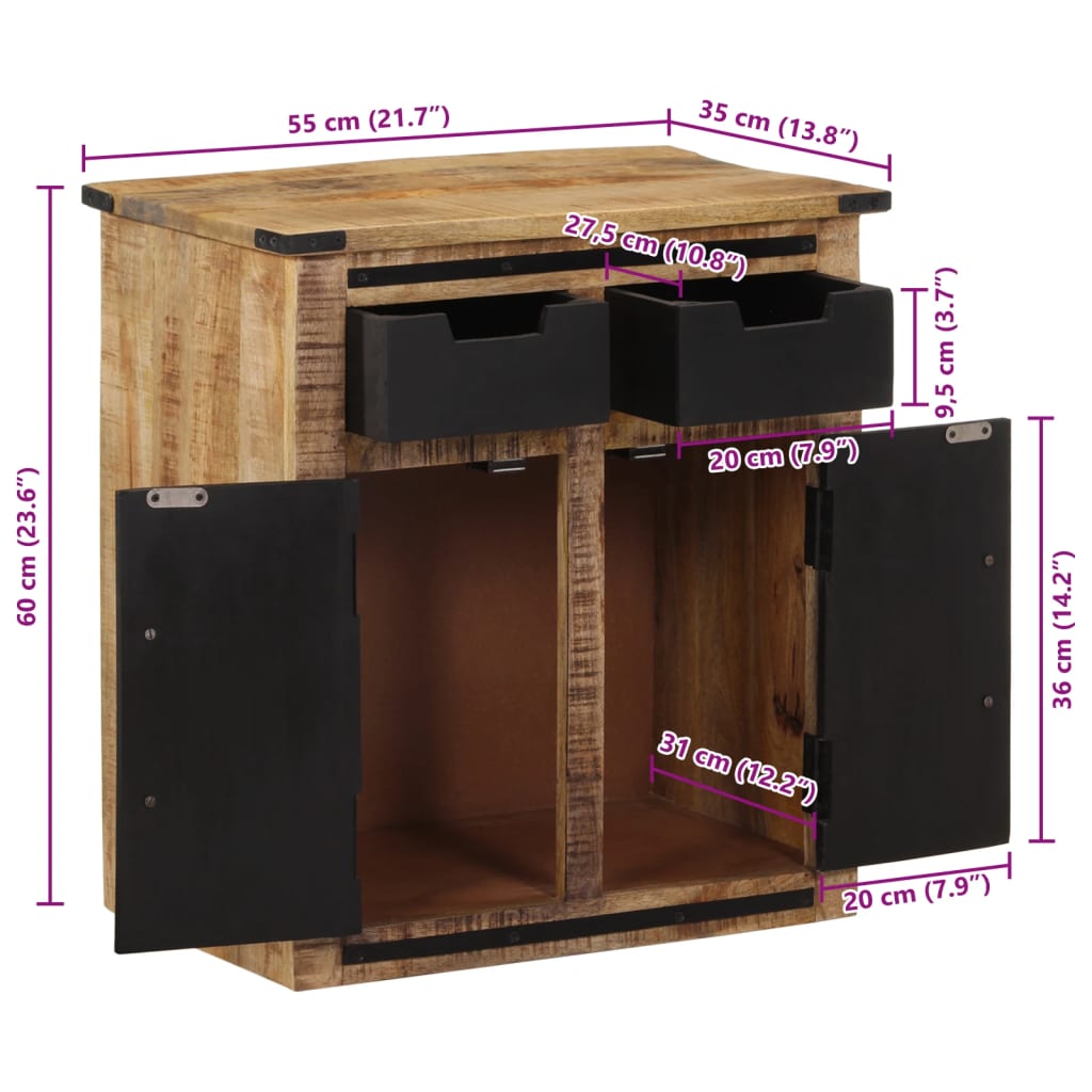 vidaXL Έπιπλο Αποθήκευσης 2 Συρτάρια 55x35x60 εκ. Μασίφ Ξύλο Μάνγκο