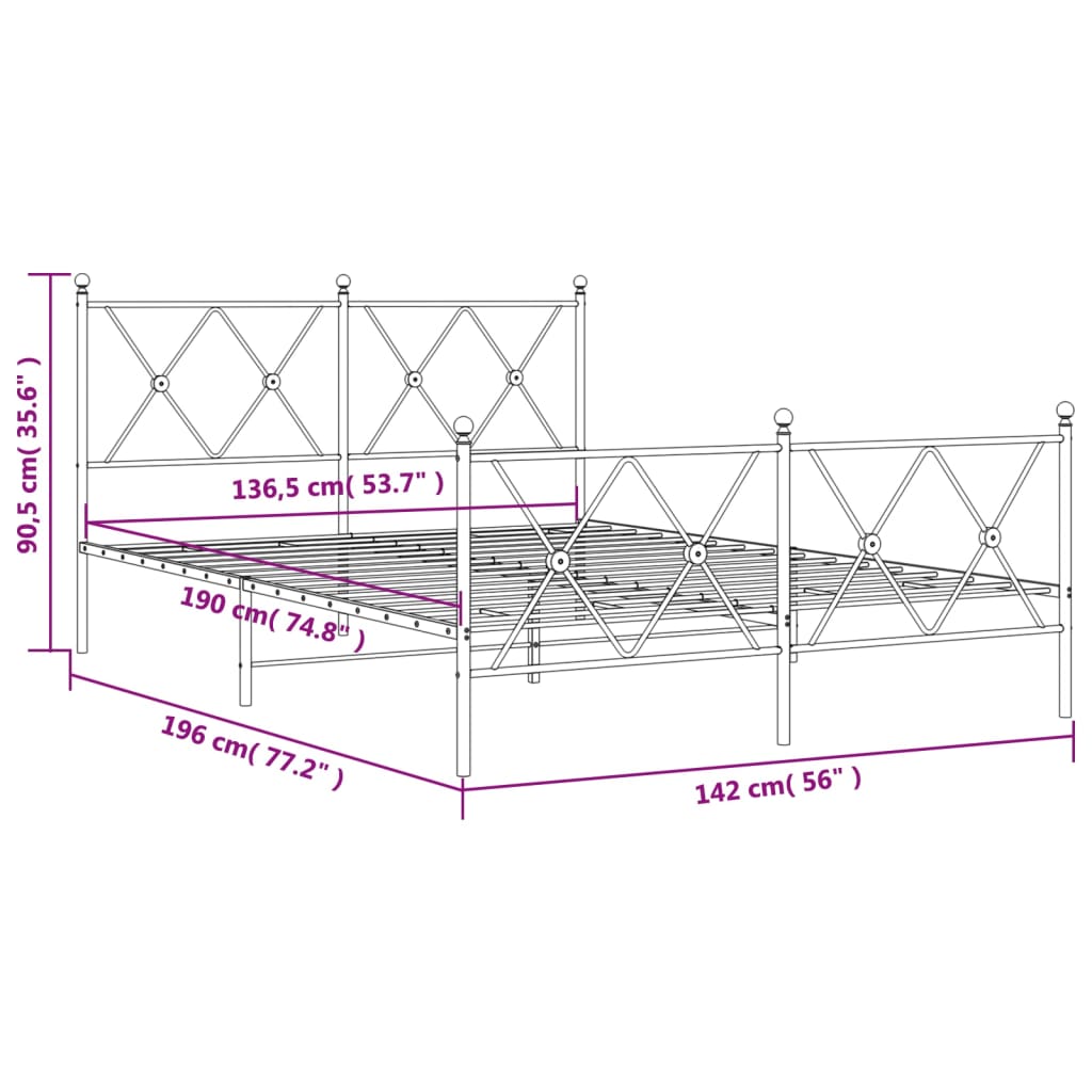 vidaXL Πλαίσιο Κρεβατιού με Κεφαλάρι&Ποδαρικό Μαύρο 137x190εκ. Μέταλλο