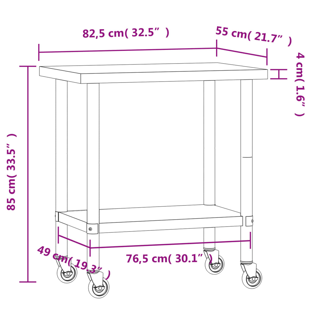 vidaXL Πάγκος Εργασίας Κουζίνας με Ροδάκια 82,5x55x85 εκ. Ανοξ. Ατσάλι