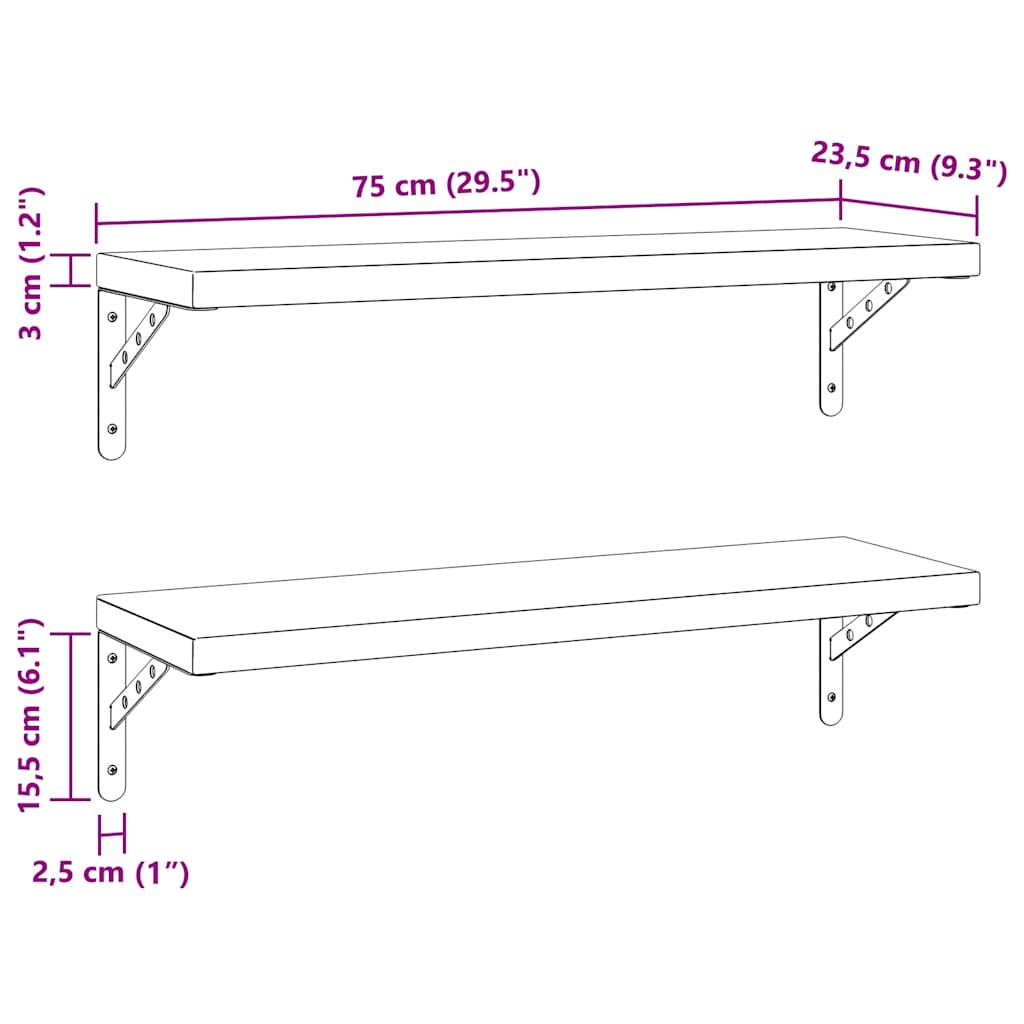 vidaXL Ράφια Τοίχου 2Τεμ. Ασημί 75x23,5 εκ. Ανοξείδωτο Ατσάλι