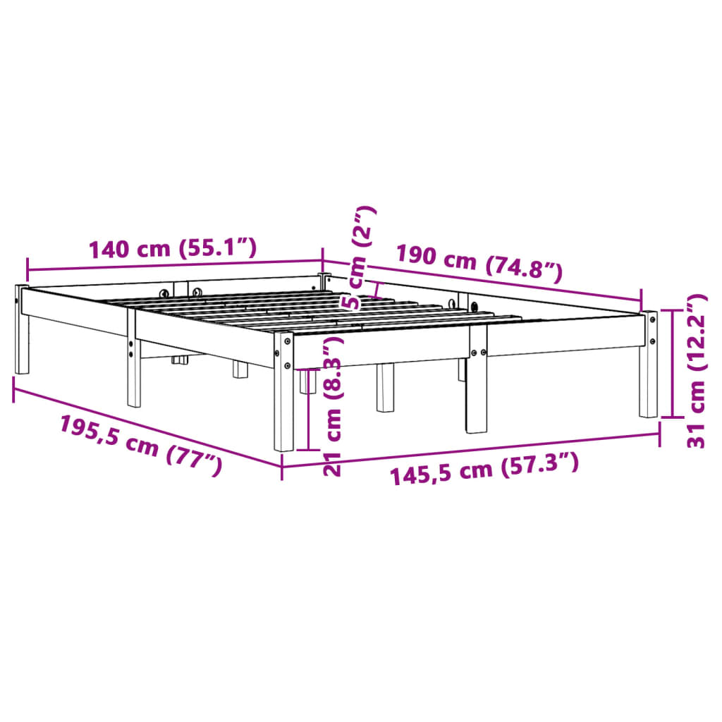 vidaXL Σκελετός Κρεβατιού Χωρίς Στρώμα Καφέ 140x190 Μασίφ Ξύλο Πεύκου