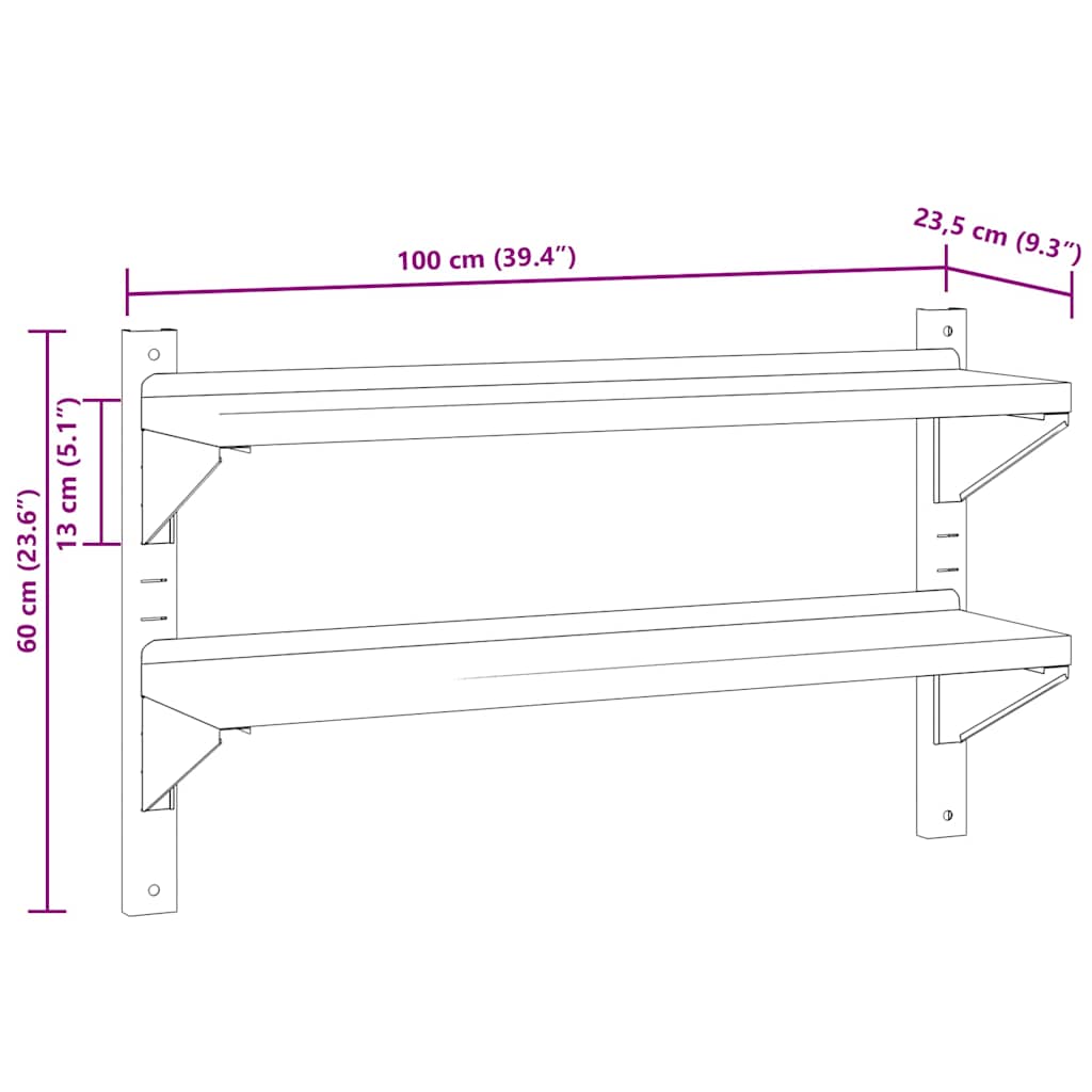 vidaXL Ράφι Τοίχου 2 Επιπ. Ασημί 100x23,5x60 εκ. Ανοξείδωτο Ατσάλι