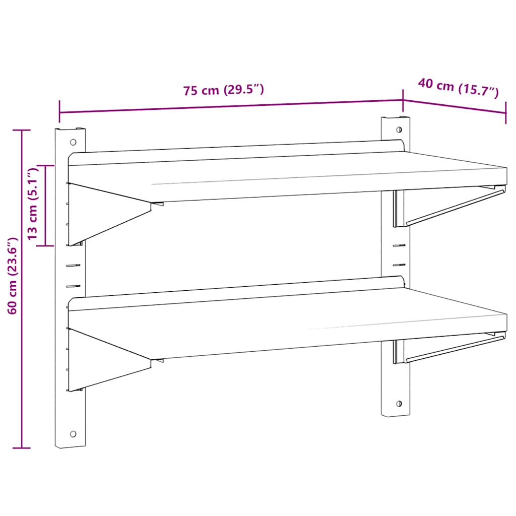 vidaXL Ράφι Τοίχου 2 Επιπ. Ασημί 75x40x60 εκ. Ανοξείδωτο Ατσάλι