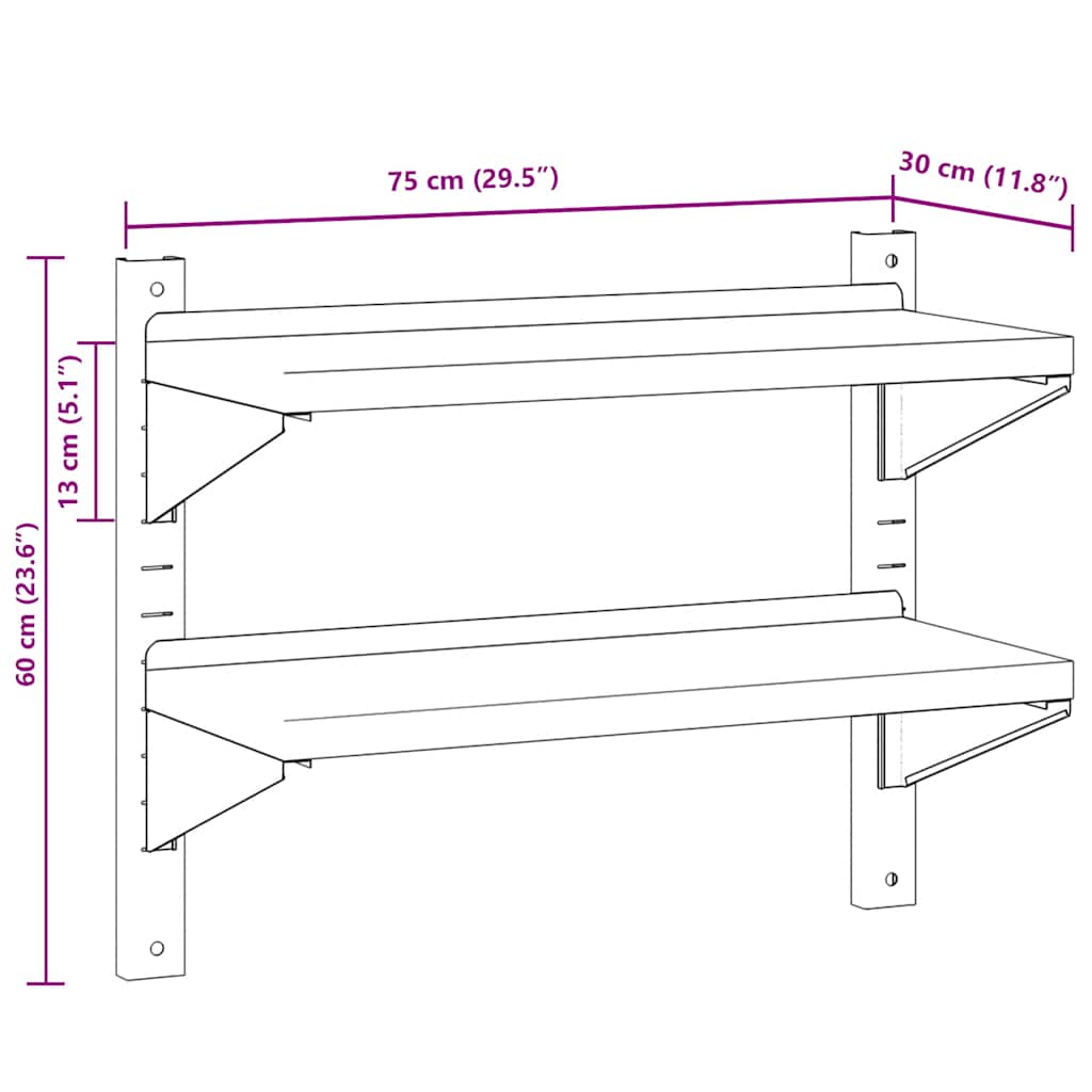 vidaXL Ράφι Τοίχου 2 Επιπ. Ασημί 75x30x60 εκ. Ανοξείδωτο Ατσάλι