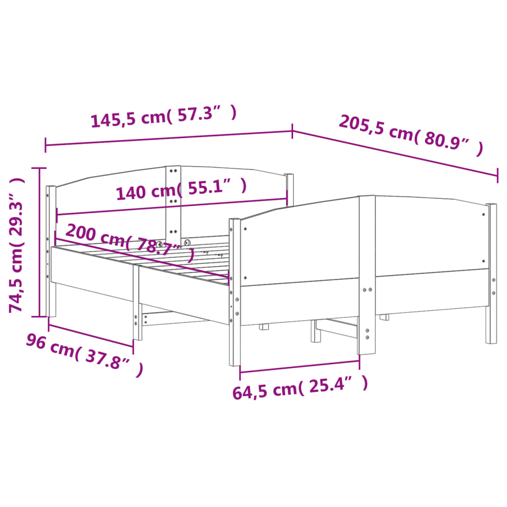 vidaXL Σκελετός Κρεβατιού Χωρίς Στρώμα Καφέ 140x200 Μασίφ Ξύλο Πεύκου