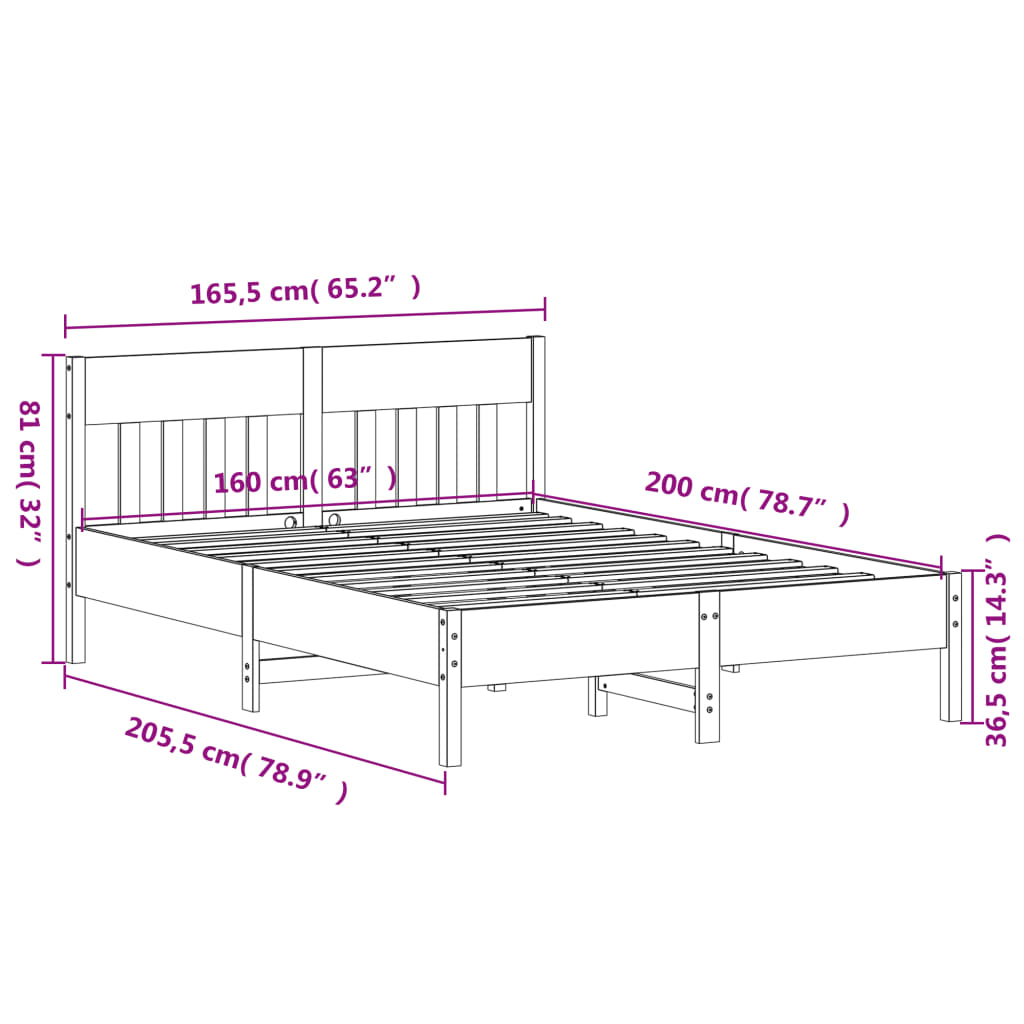 vidaXL Σκελετός Κρεβατιού Χωρίς Στρώμα 160x200 εκ Μασίφ Ξύλο Πεύκου