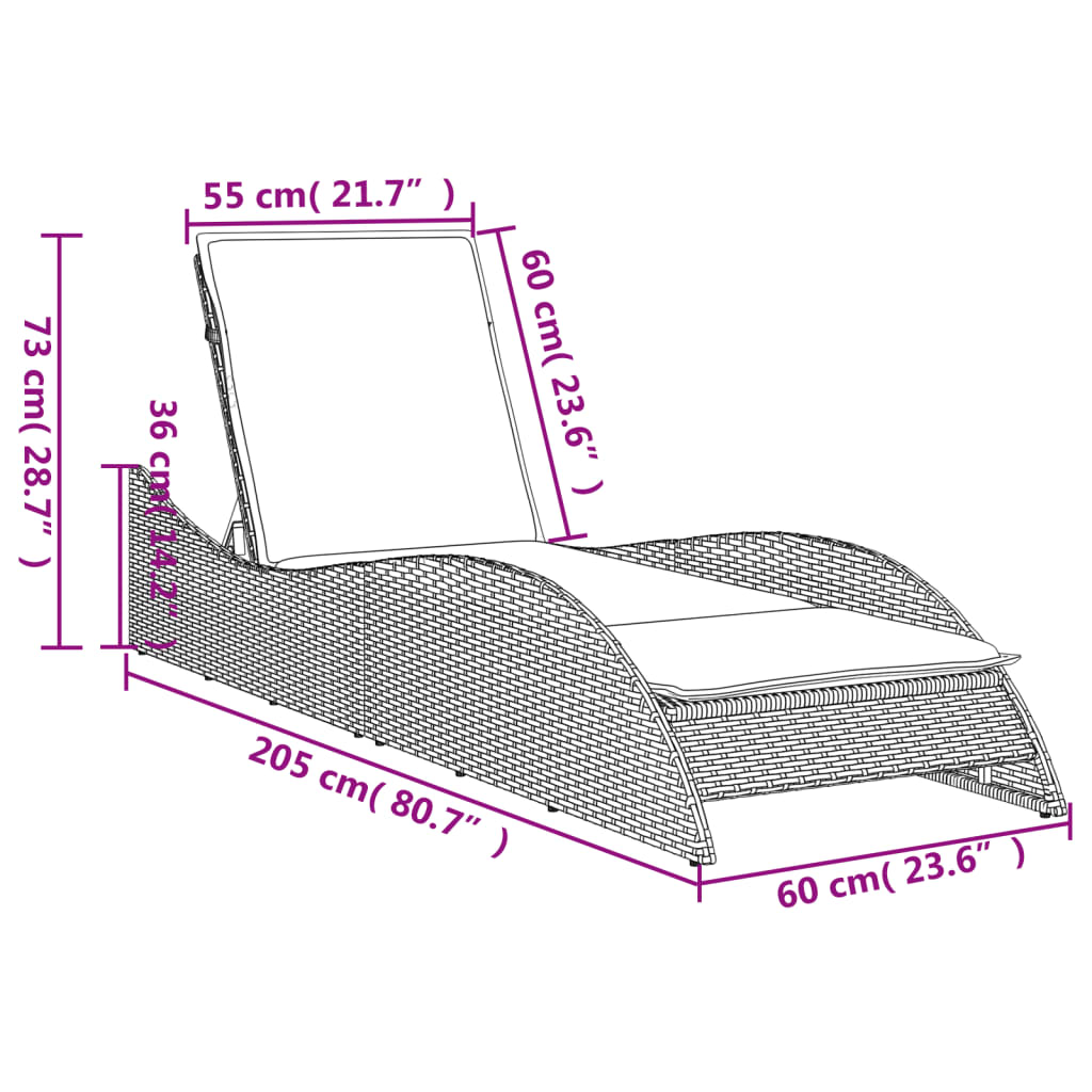 vidaXL Ξαπλώστρα Καφέ 60x205x73 εκ. από Συνθετικό Ρατάν με Μαξιλάρι