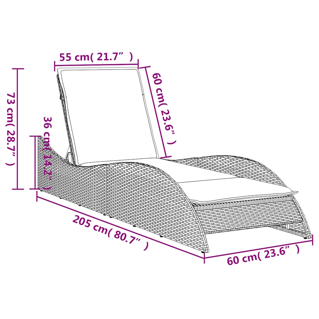 vidaXL Ξαπλώστρα με Μαξιλάρι Καφέ 60 x 205 x 73 εκ. από Συνθετικό Ρατάν