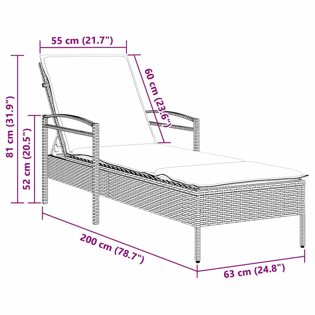 vidaXL Ξαπλώστρα με Μαξιλάρι Μαύρη 63x200x81 εκ. από Συνθετικό Ρατάν (μόνο για τις ΗΠΑ)