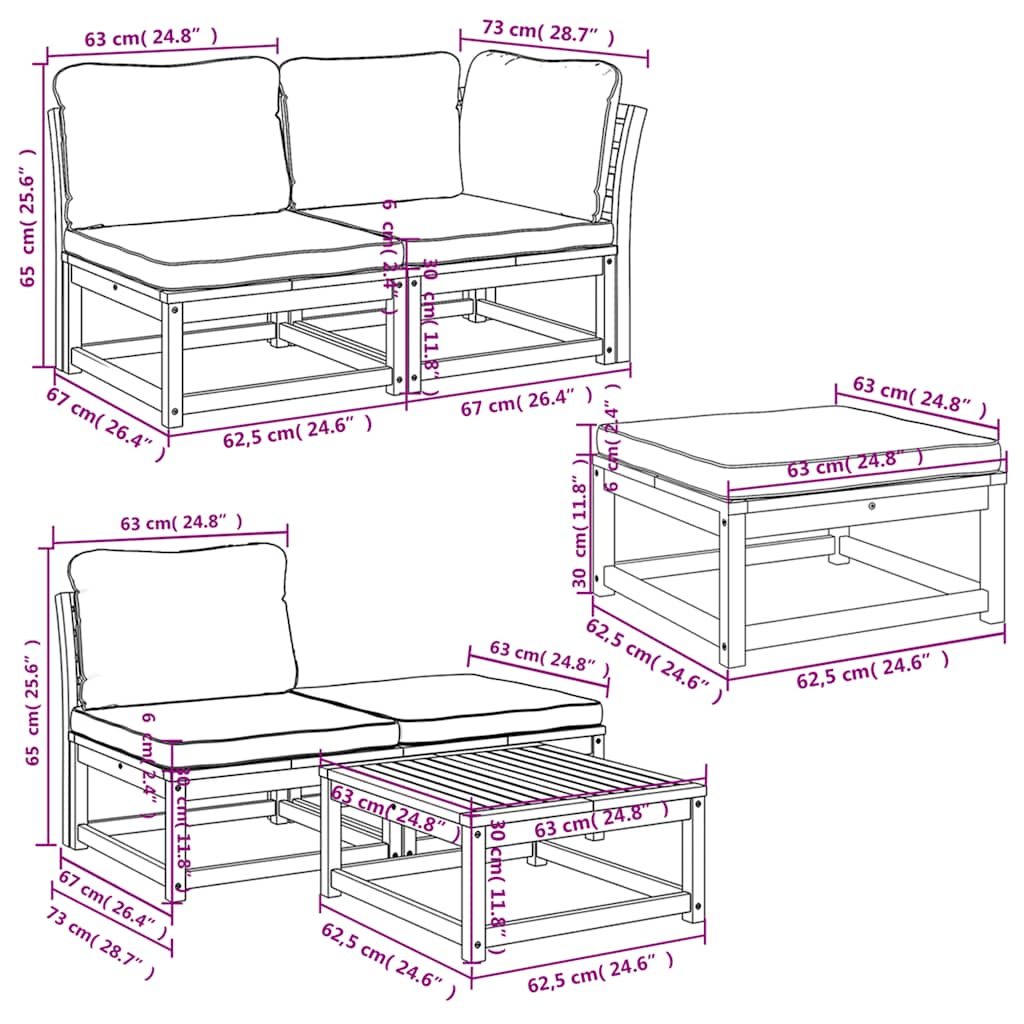 vidaXL Σαλόνι Κήπου Σετ 6 Τεμαχίων από Μασίφ Ξύλο Ακακίας με Μαξιλάρια