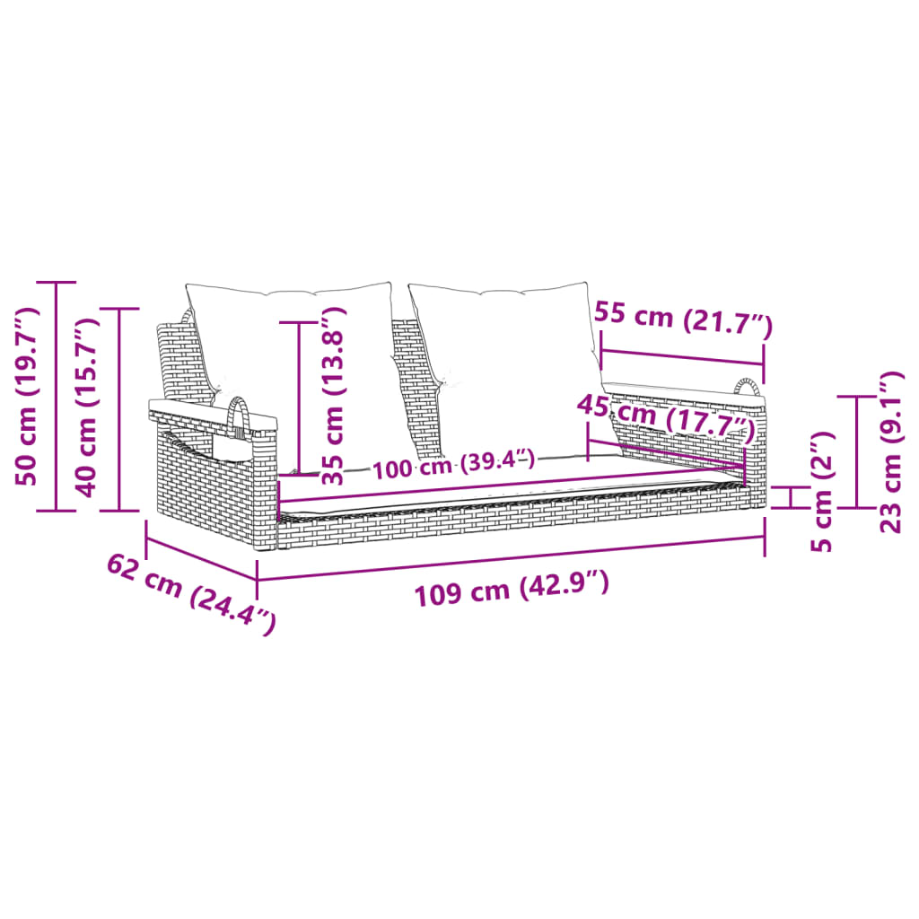 vidaXL Παγκάκι Κούνια Καφέ 109x62x40 εκ. Συνθετικό Ρατάν με Μαξιλάρια