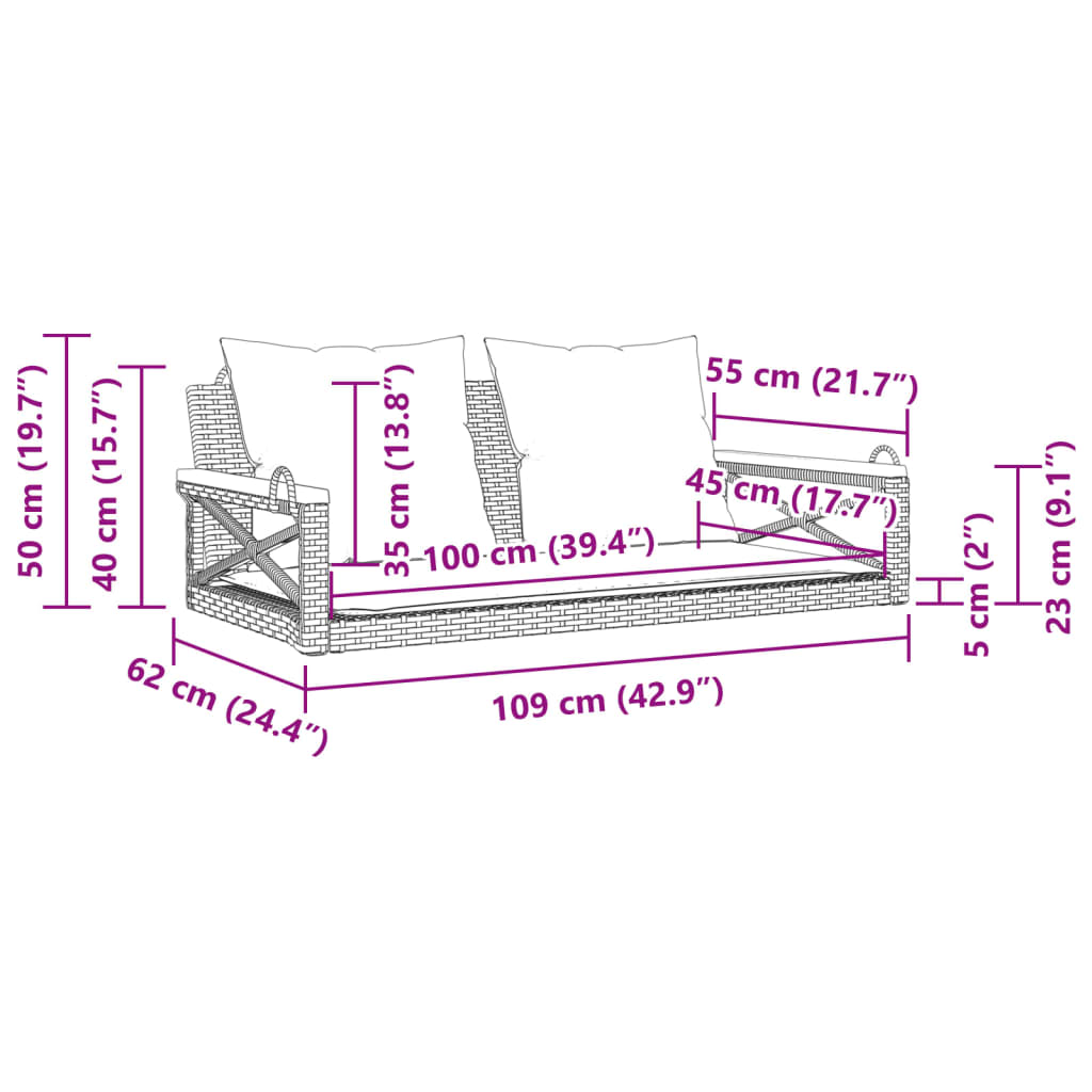 vidaXL Παγκάκι Κούνια Καφέ 109x62x40 εκ. Συνθετικό Ρατάν με Μαξιλάρια