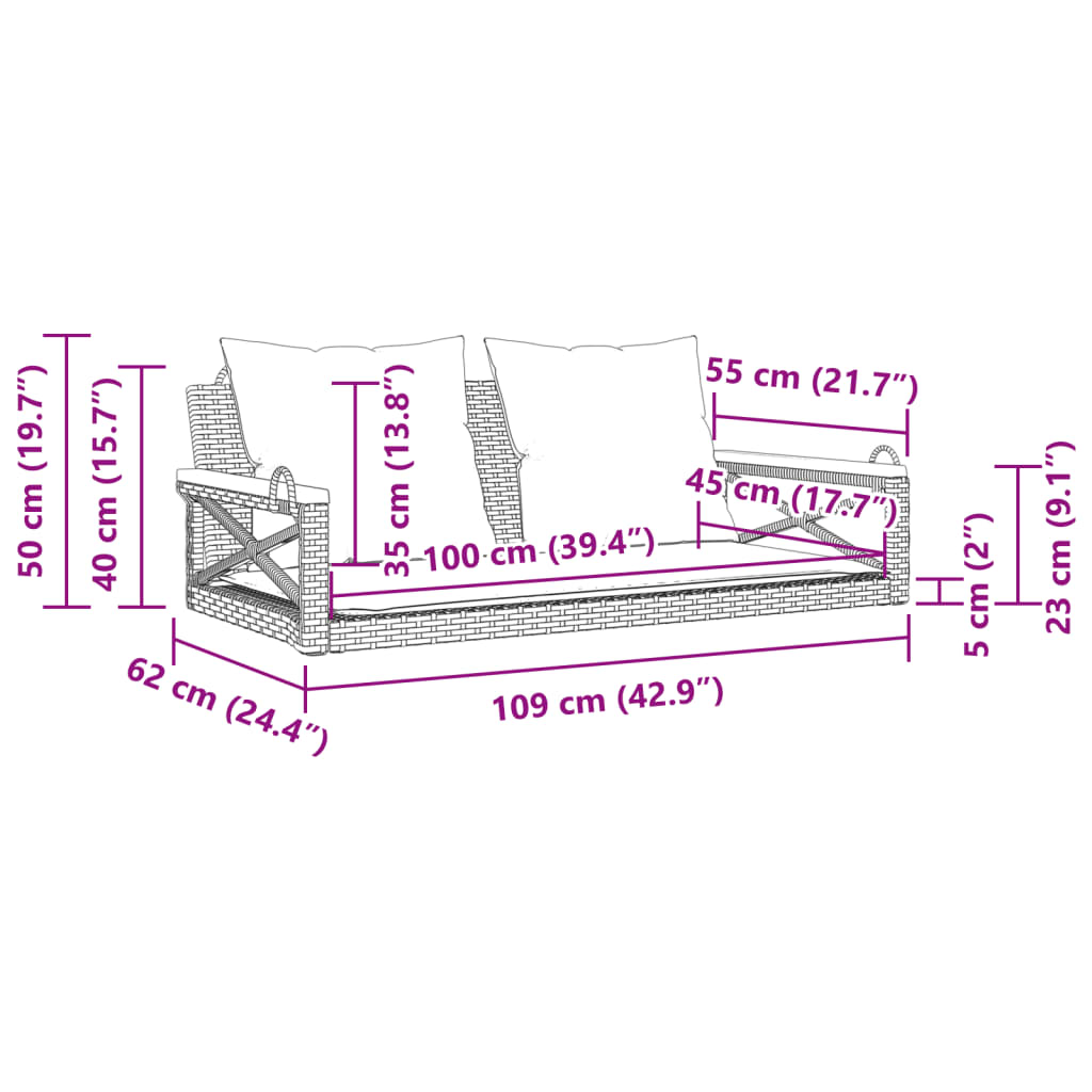 vidaXL Παγκάκι Κουνιστό Γκρι 109x62x40εκ. Συνθετικό Ρατάν με Μαξιλάρια