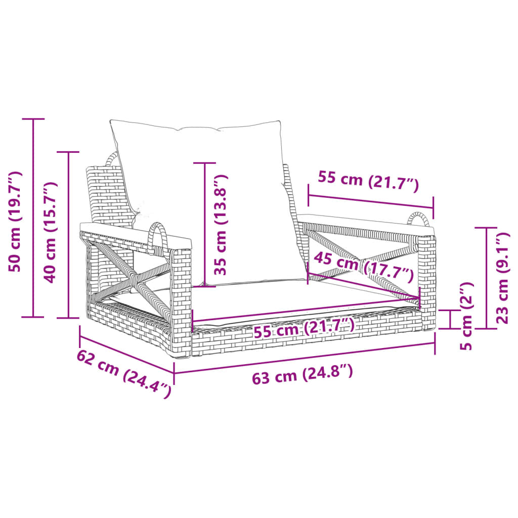 vidaXL Παγκάκι Κουνιστό Καφέ 63x62x40 εκ. Συνθετικό Ρατάν με Μαξιλάρια