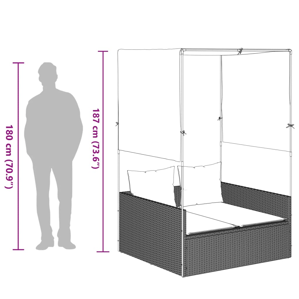 vidaXL Ξαπλώστρα Διπλή Αν. Γκρι Συνθετικό Ρατάν Σκίαστρο και Μαξιλάρια