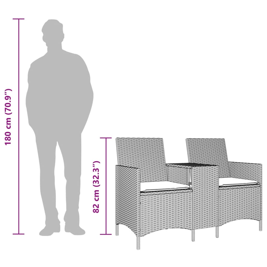 vidaXL Καναπές Κήπου Διθέσιος Καφέ Συνθ. Ρατάν με Τραπέζι/Μαξιλάρια