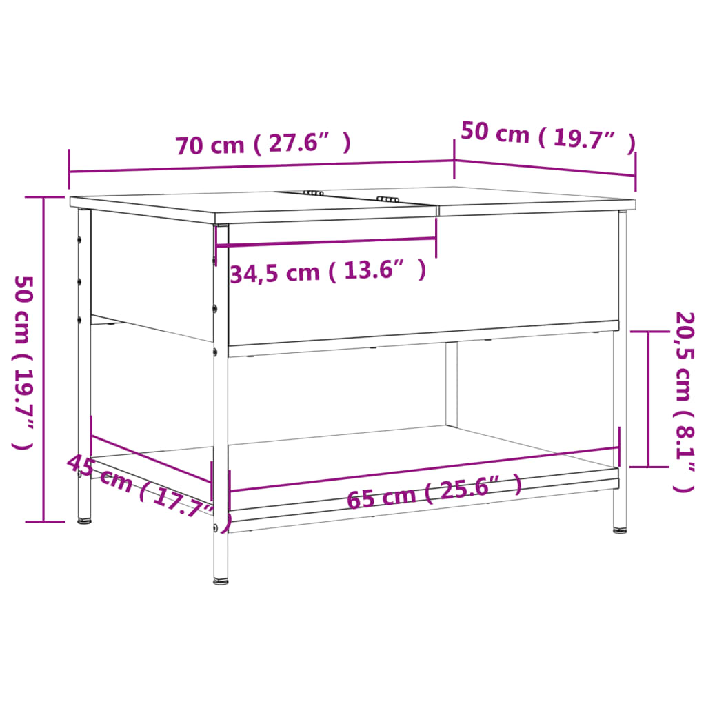 vidaXL Τραπεζάκι Σαλονιού Καφέ Δρυς 70x50x50 εκ. Επεξ. Ξύλο/Μέταλλο