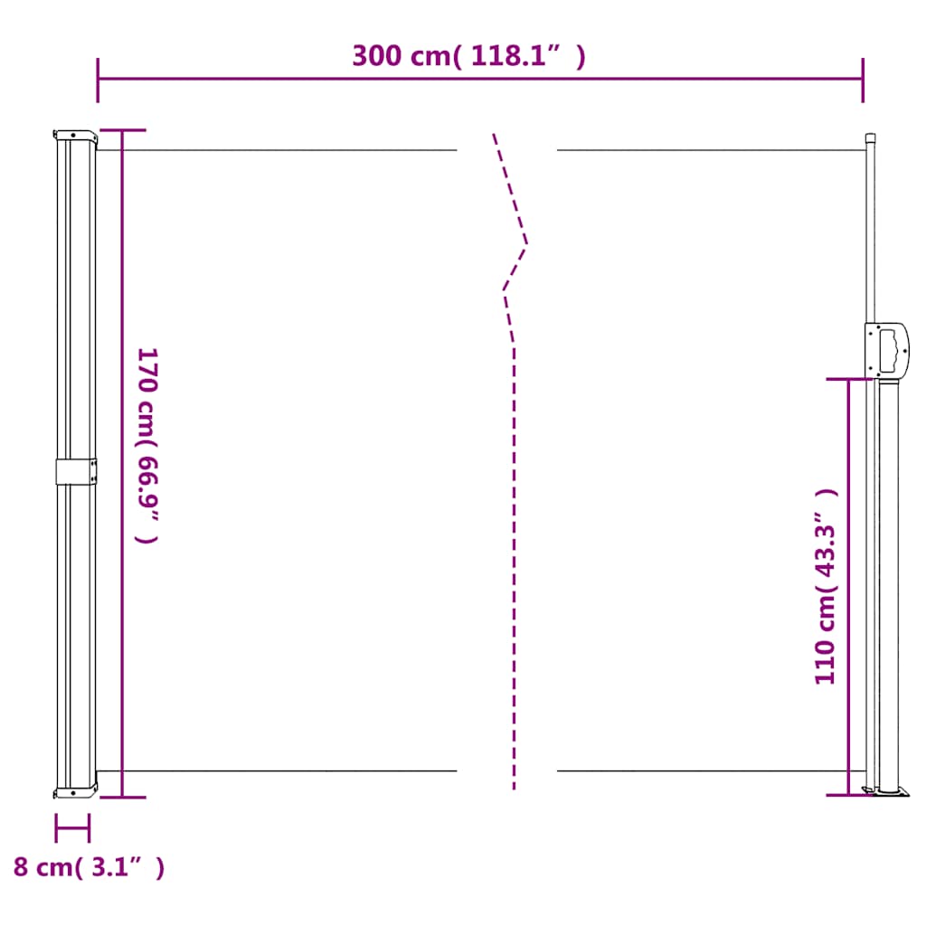 vidaXL Σκίαστρο Πλαϊνό Συρόμενο Λευκό 170 x 300 εκ.