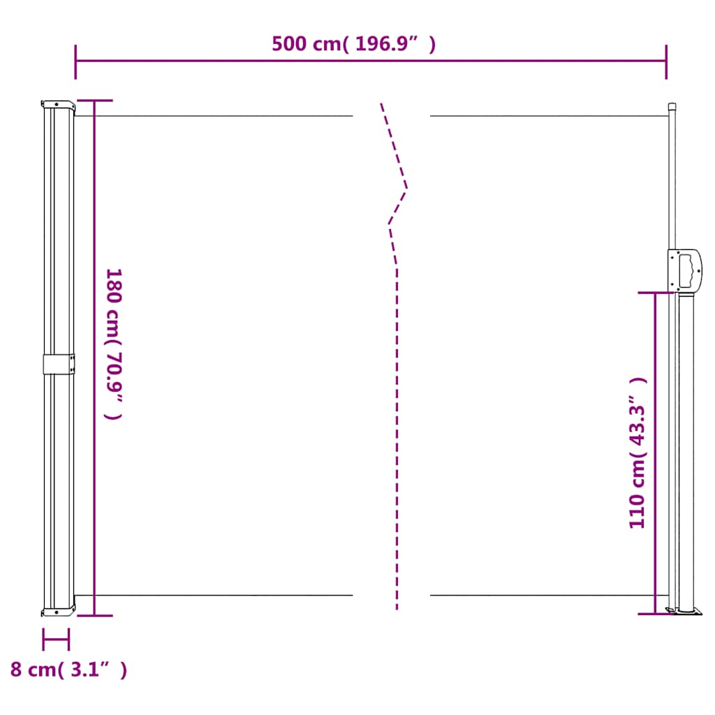 vidaXL Σκίαστρο Πλαϊνό Συρόμενο Λευκό 180 x 500 εκ.