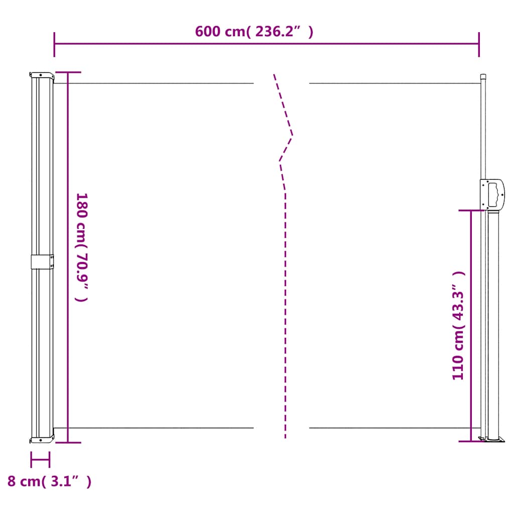 vidaXL Σκίαστρο Πλαϊνό Συρόμενο Καφέ 180 x 600 εκ.