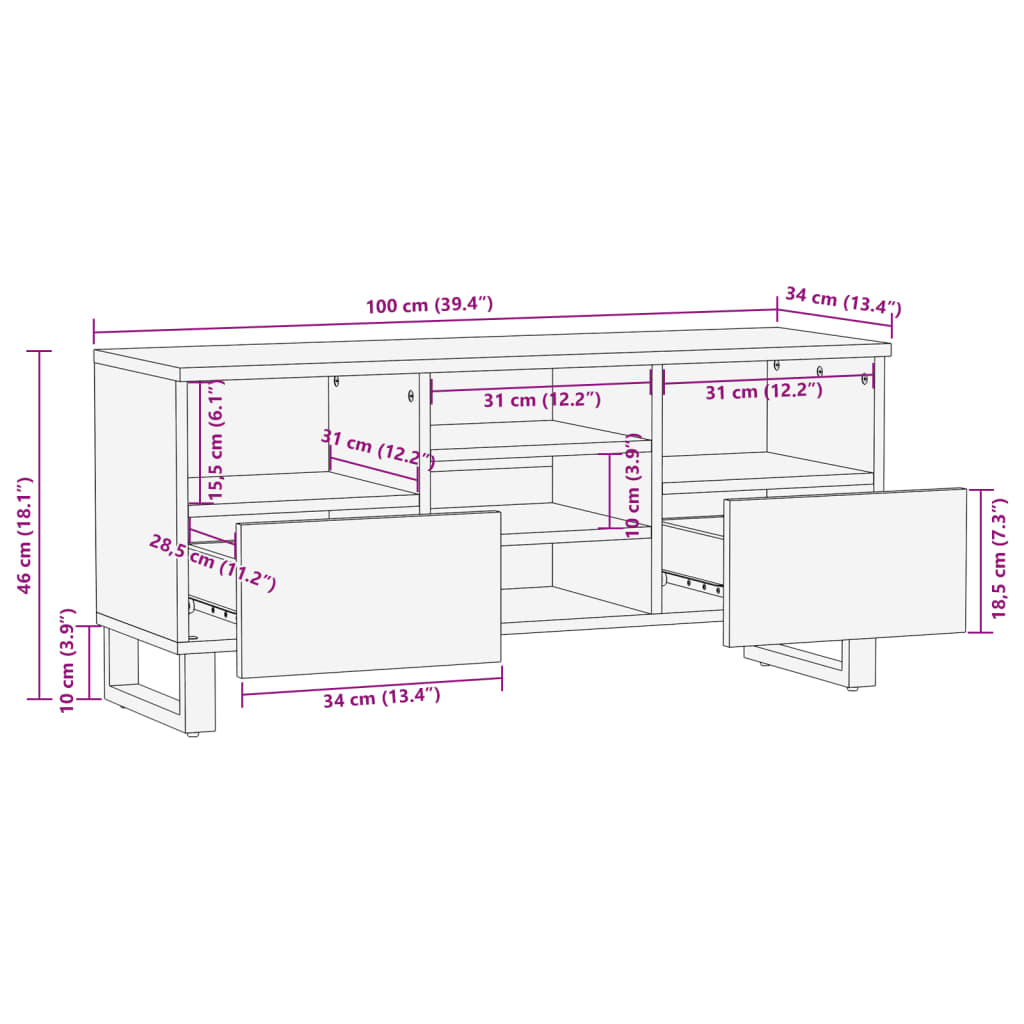 vidaXL Έπιπλο Τηλεόρασης 100x34x46 εκ. από Μασίφ Ξύλο Μάνγκο