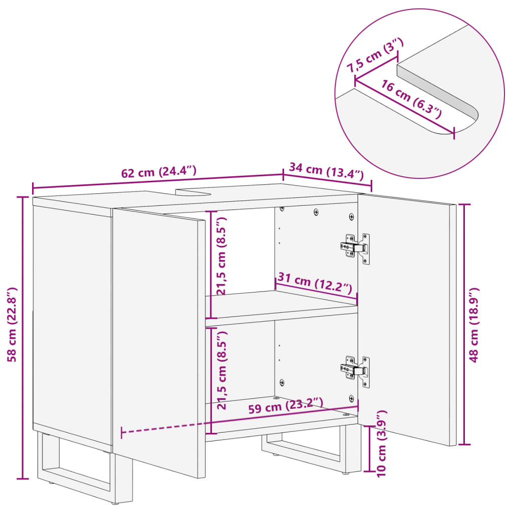 vidaXL Ντουλάπι Μπάνιου 62x34x58 εκ. από Μασίφ Ξύλο Μάνγκο