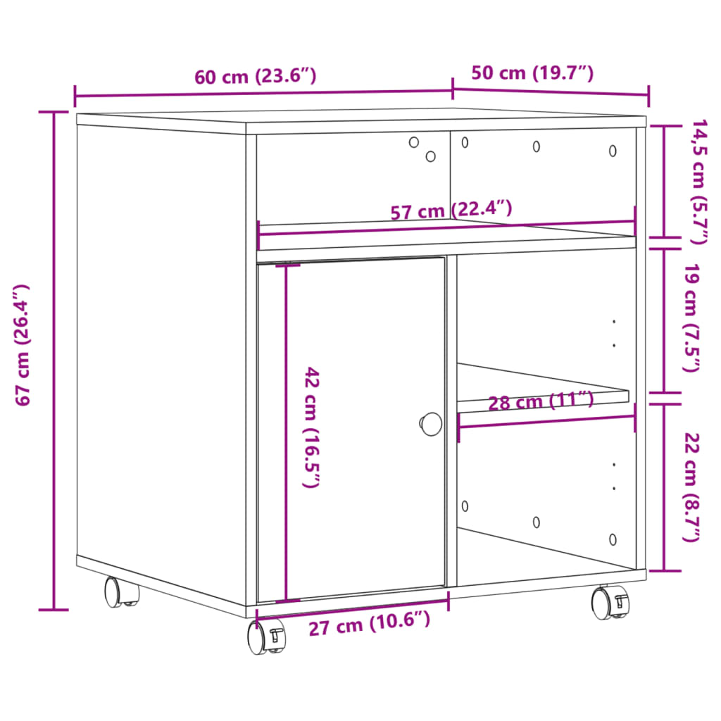 vidaXL Βάση Εκτυπωτή με Ρόδες Γκρι Sonoma 60x50x67 εκ.