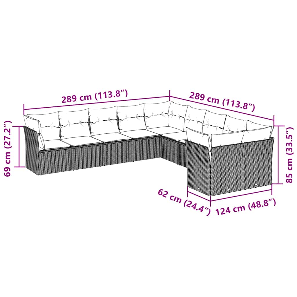 vidaXL Σαλόνι Κήπου 10 Τεμαχίων Αν. Γκρι Συνθετικό Ρατάν με Μαξιλάρια