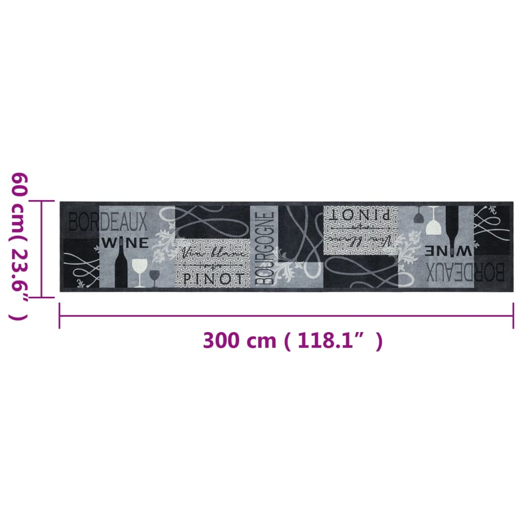 vidaXL Χαλί Κουζίνας Πλενόμενο Γκρι Επιγραφή Wine 60x300 εκ. Βελούδο