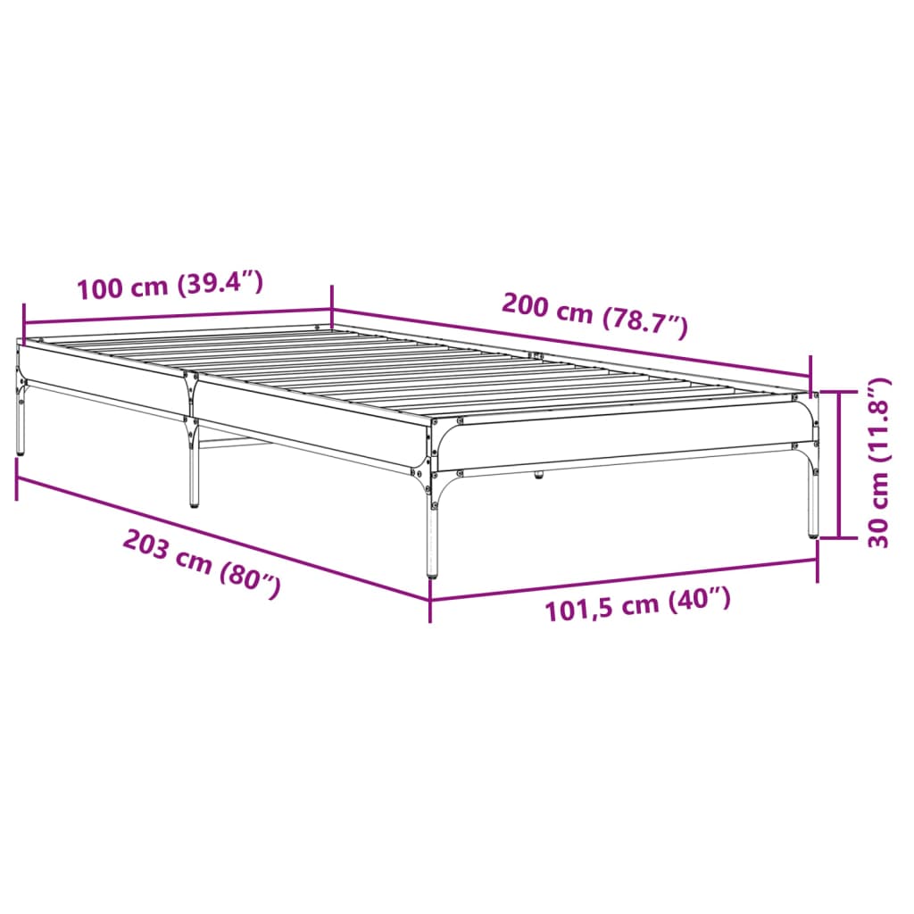vidaXL Πλαίσιο Κρεβατιού Μαύρο 100x200 εκ. Επεξ. Ξύλο & Μέταλλο
