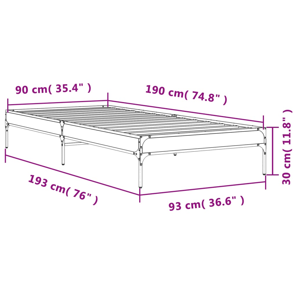 vidaXL Πλαίσιο Κρεβατιού Μαύρο 90 x 190 εκ. Επεξ. Ξύλο & Μέταλλο