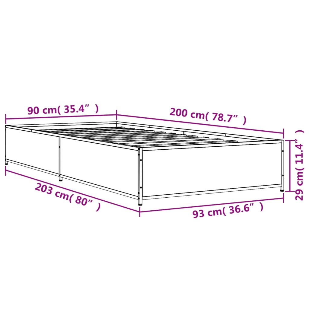 vidaXL Πλαίσιο Κρεβατιού Μαύρο 90 x 200 εκ. Επεξ. Ξύλο & Μέταλλο