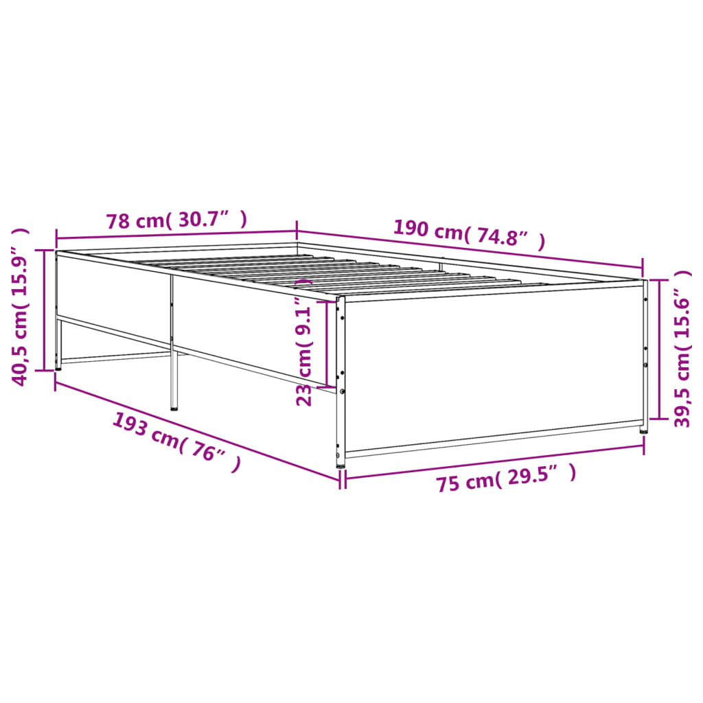 vidaXL Πλαίσιο Κρεβατιού Sonoma Δρυς 75 x 190 εκ. Επεξ. Ξύλο & Μέταλλο