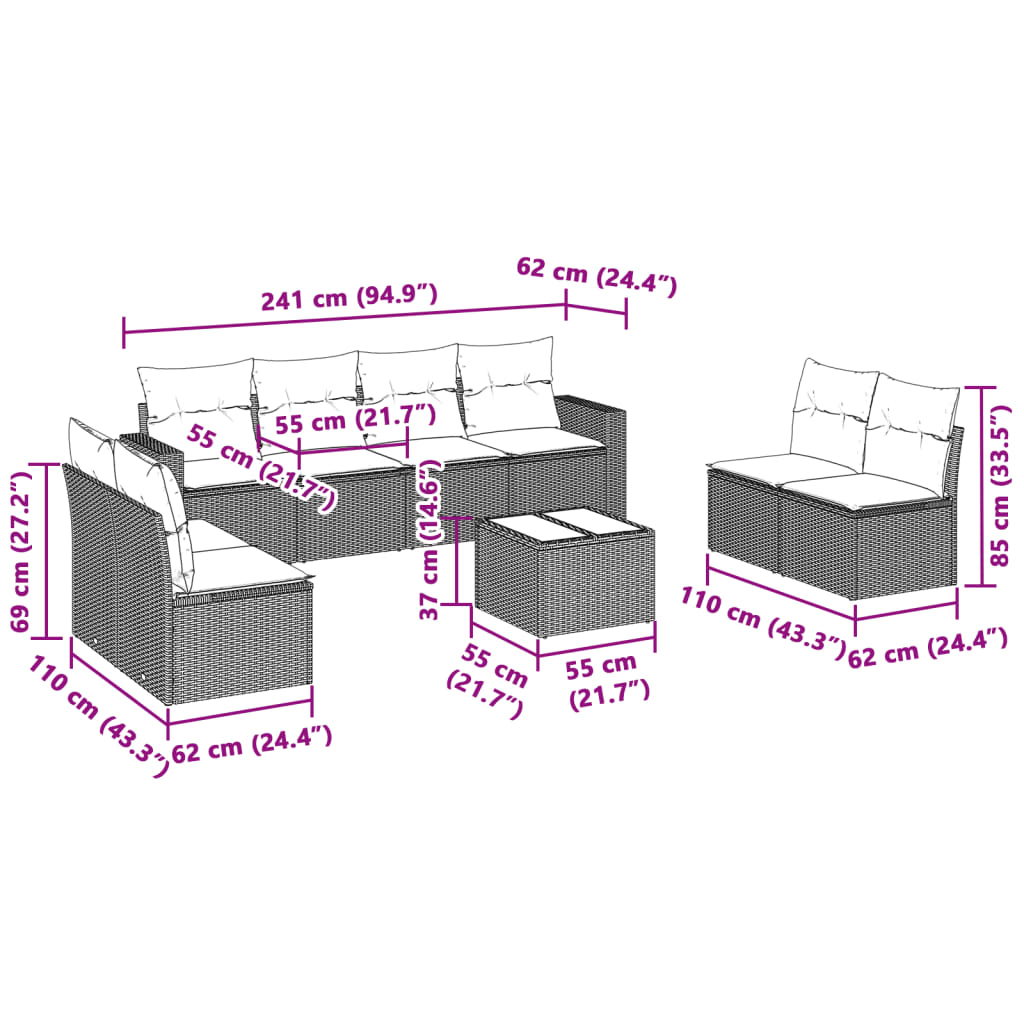 vidaXL Σαλόνι Κήπου Σετ 9 Τεμαχίων Γκρι Συνθετικό Ρατάν με Μαξιλάρια