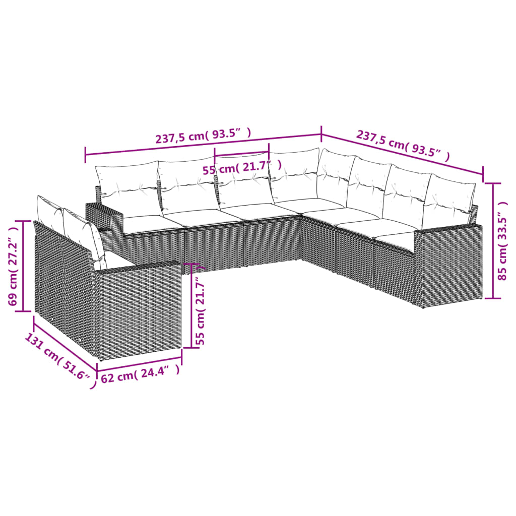 vidaXL Σαλόνι Κήπου Σετ 9 τεμ. Μπεζ Συνθετικό Ρατάν με Μαξιλάρια