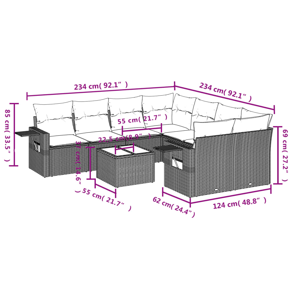 vidaXL Σαλόνι Κήπου Σετ 9 Τεμαχίων Μαύρο από Συνθ. Ρατάν με Μαξιλάρια